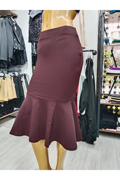 Bordo beli lastikli, esnek kumaş, midi boy etek ucu hareketli etek JB1026322