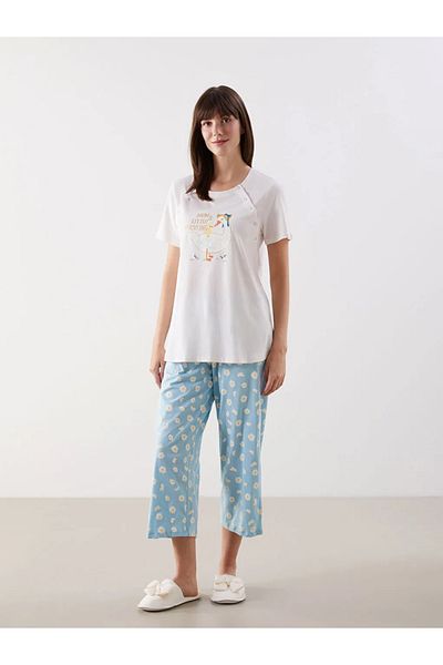 LC Waikiki LCW DREAM Set de pijamale Capris de maternitate cu decolteu albastru imprimat