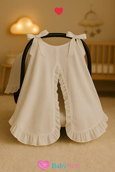 Babynest Puset Örtüsü/bebek Arabası Örtüsü %100 Pamuk Beyaz Müslin Komple Fırfırlı