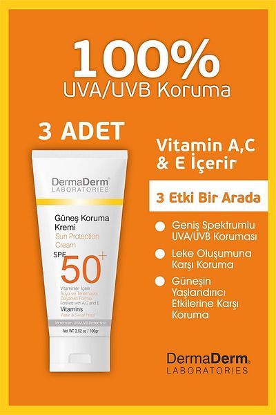 DermaDerm SPF 50 Factor 100ml Sun Protection Cream - 3 Pieces and Elose Anti-Blemish Serum 1 Piece 50ml