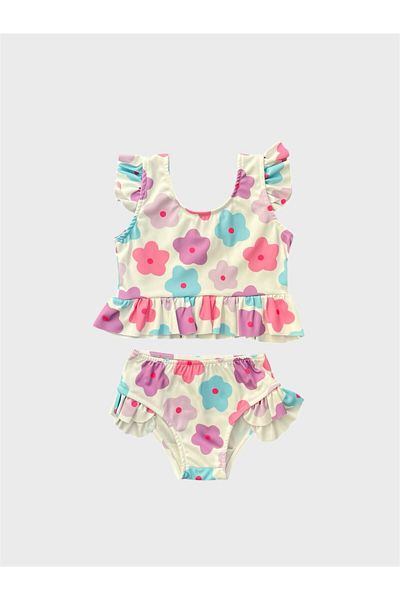 ALİŞ KİDS Girl's White Lilac Floral Patterned Half Length Bikini Set with Ruffled Sleeves