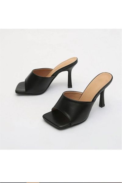 TrendyAnka Women's Black 8cm Heeled Blunt Square Toe Stiletto Shoes Slippers
