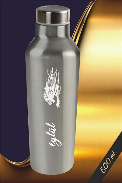 MIL SWIPE Kişiye Özel Isim Baskılı Çelik Termos Matara 500 ml Siyah Modern Kamp Matarası Okul Suluk Matara