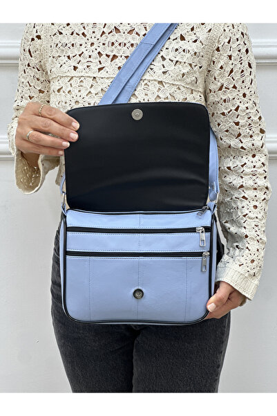 Deribag Geantă de umăr pentru femei cu curea încrucișată din piele naturală albastră de mărime medie - 25*21*8 cm