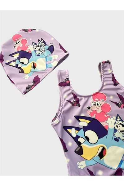 ALİŞ KİDS Girl's Lilac Color Cute Characters Patterned Bonnet Swimsuit