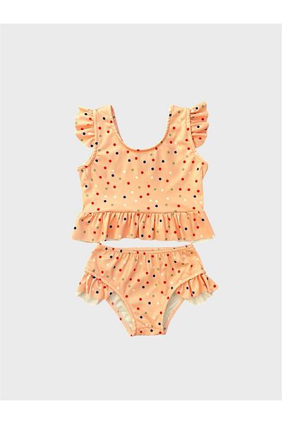 ALİŞ KİDS Girl's Crochet Color Polka Dot Patterned Half Length Bikini Set with Ruffled Sleeves