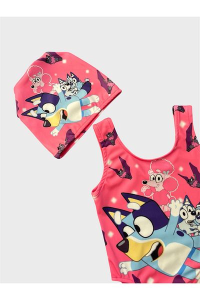 ALİŞ KİDS Girl's Pink Color Cute Characters Patterned Bonnet Swimsuit