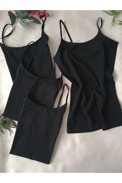 Demirsa Boutique 4-Piece Women's Black Rope Strap Lycra Combed Cotton Undershirt