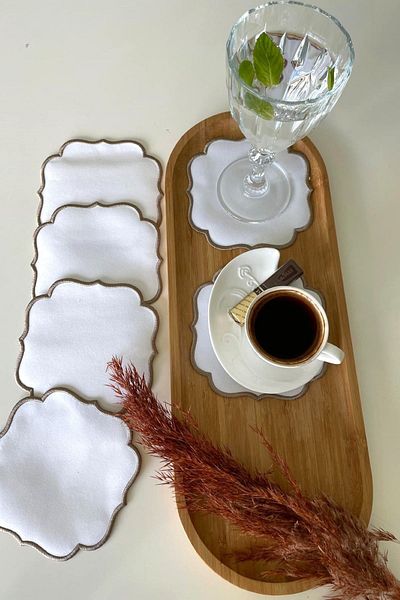 Zeria Home Embroidered Coffee Side Presentation Napkin 6 Pieces Cocktail Napkin & Coaster & Presentation Holder
