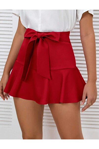 LİMMODA Mini Skirt with Belted Waist and Flounce Inner Leggings