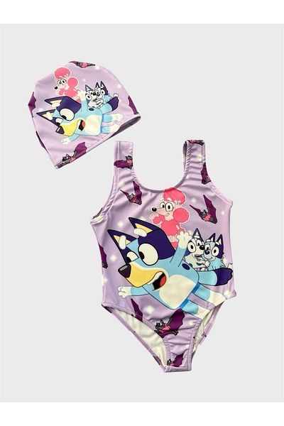 ALİŞ KİDS Girl's Lilac Color Cute Characters Patterned Bonnet Swimsuit