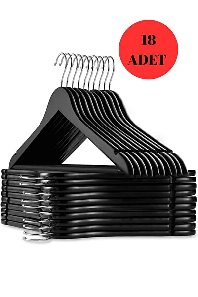ALP HOME 18 Adet Ahşap Görünümlü Plastik Siyah Kıyafet Elbise Askısı Askılığı...