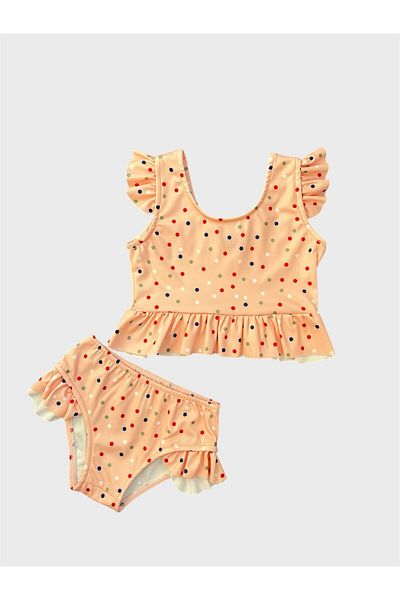 ALİŞ KİDS Girl's Crochet Color Polka Dot Patterned Half Length Bikini Set with Ruffled Sleeves