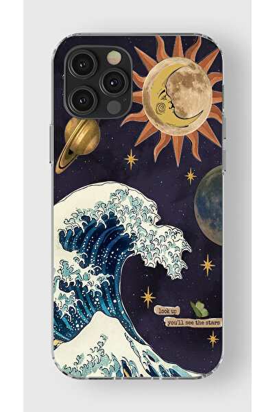 moonset Iphone 12 Pro Max Uyumlu Dalga ve Güneş Tasarımlı Baskılı Şeffaf Tele...