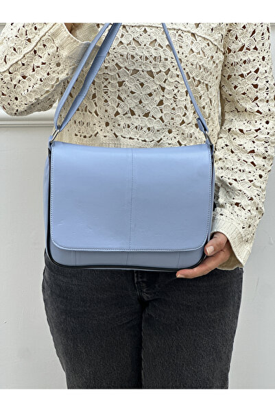 Deribag Geantă de umăr pentru femei cu curea încrucișată din piele naturală albastră de mărime medie - 25*21*8 cm