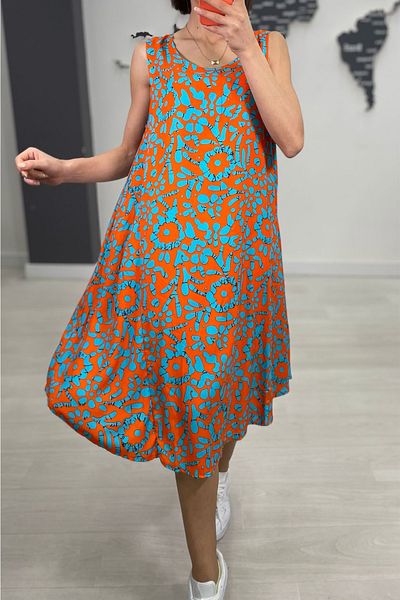 AYASOFYA OTANTIK Women's Turquoise Orange Patterned Sleeveless Midi Dress