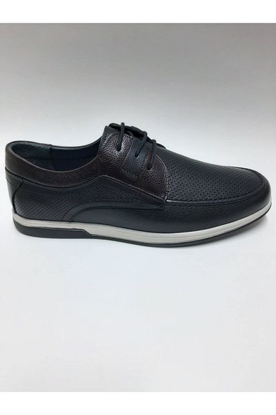 Adnan Bozkaya Genuine Leather Daily Black Lace-Up Summer Men's Shoes