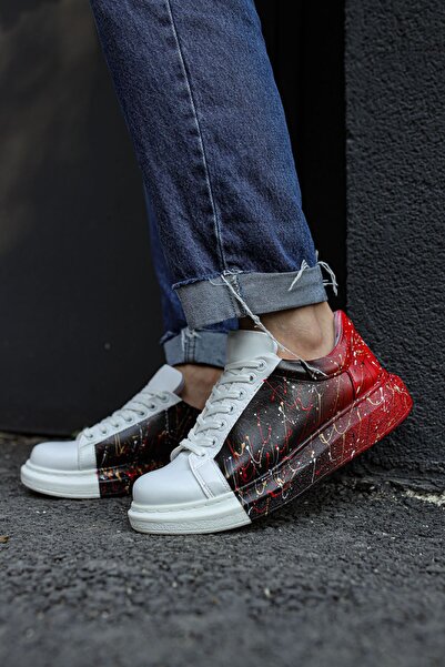 pabucmarketi Lace-Up Printed Men's Sports Shoes White Red Black Spray