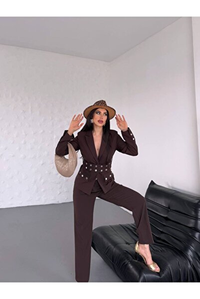 Bella Breeze Kadın Zımba Kemer Detaylı Çıtçıtlı Cekete Palazzo Pantolon Şık Takım Elbise