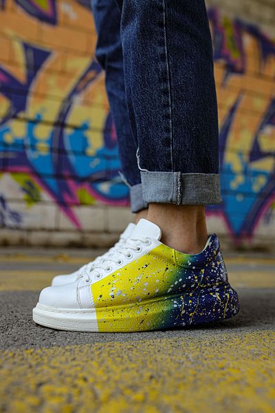 pabucmarketi Lace-Up Printed Men's Sports Shoes Yellow Navy Blue
