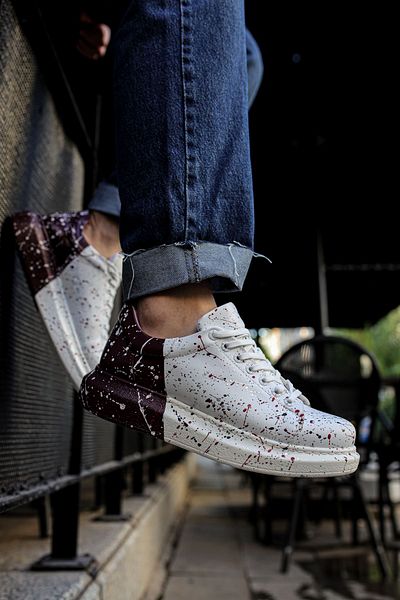 pabucmarketi Lace-Up Printed Men's Sports Shoes Red Black Dark Purple Splush