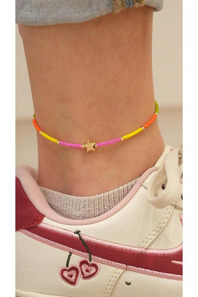 Jerie Colorful Bead and Gold Star Detail Anklet