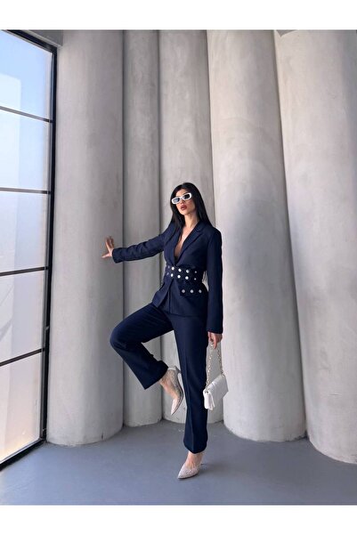 Bella Breeze Kadın Zımba Kemer Detaylı Çıtçıtlı Cekete Palazzo Pantolon Şık Takım Elbise