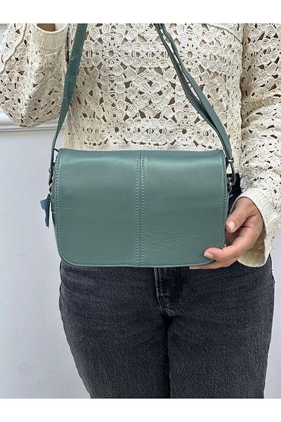 Deribag Piele autentică, mărime medie, curea încrucișată, geantă de umăr pentru femei, verde, 24*18*8 cm