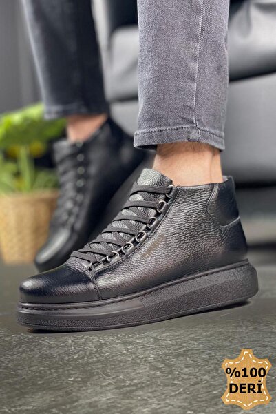 pabucmarketi Lace-Up Genuine Leather Men's Sneaker Boots Black