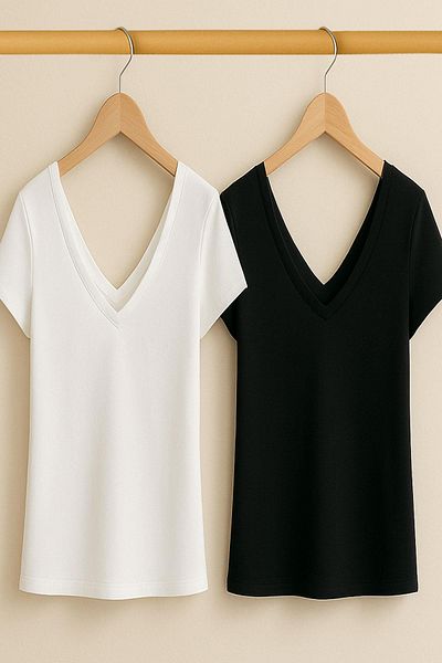 COTENCONCEPT 2 bucăți tricou de bază din bumbac cu decolteu în V în față și în spate