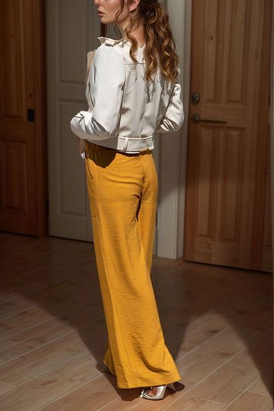 bacc Women's Mustard Linen Elastic Waist Loose Trousers Bcbsk-25700-2933