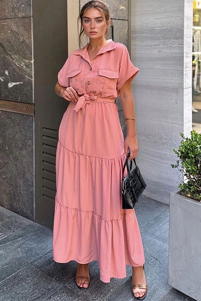 bacc Fusta pentru femei Dusty Rose cu jumătate de plăcuță, plisată, cu centură, rochie lejeră Bcbsk-25700-3336