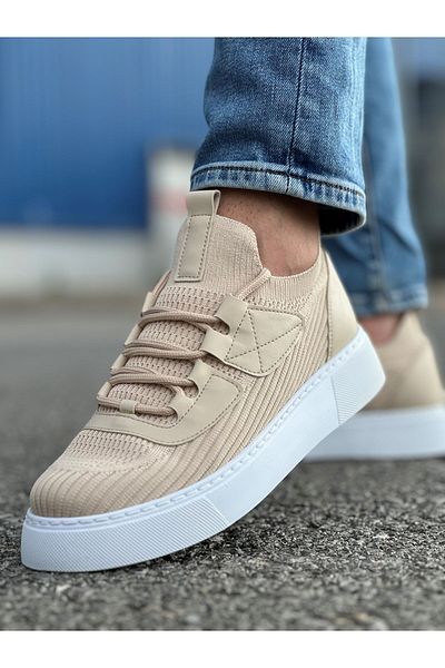 pabucmarketi Men's Tricot Fabric Sneakers Beige With Lacing Detail