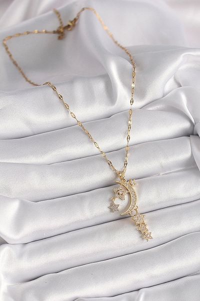 Clariss 316L Steel Gold Color Chain Zircon Stone Crescent Star Figure Dangle Detail Women's Necklace