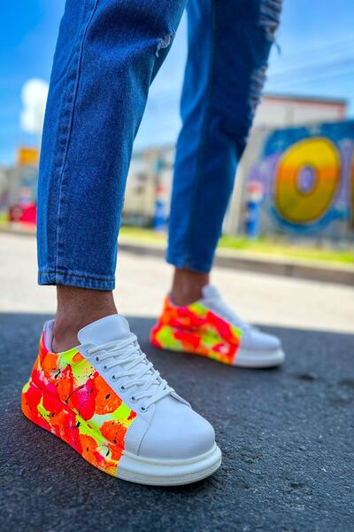 pabucmarketi Lace-Up Printed Men's Sneakers Neon Orange Black Rain