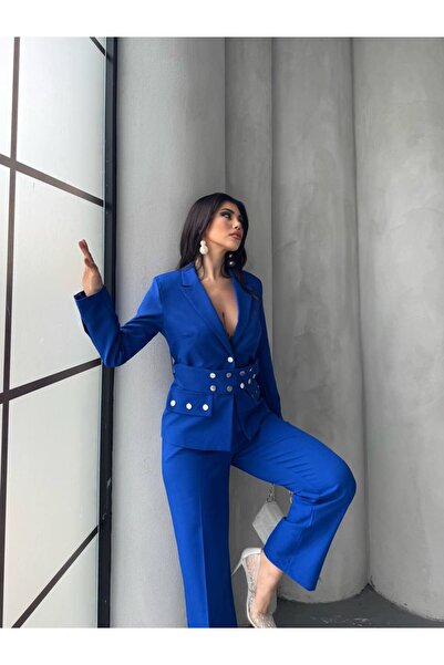 Bella Breeze Kadın Zımba Kemer Detaylı Çıtçıtlı Cekete Palazzo Pantolon Şık Takım Elbise