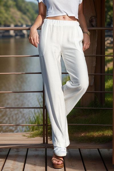 bacc Women's White Linen Elastic Waist Loose Trousers Bcbsk-25700-2933