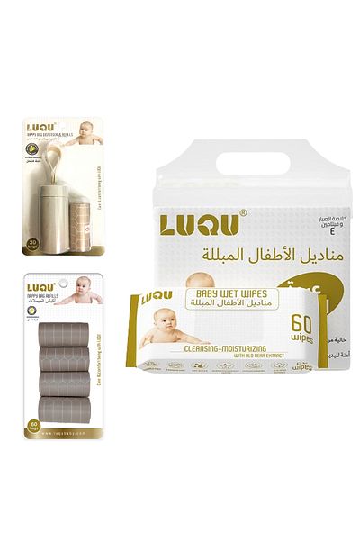 LUQU BABY Bag Dispenser Refills (6X60) and Dispenser, Aloe Vera & Vitamin E, 4x60, Water Wet Wipes