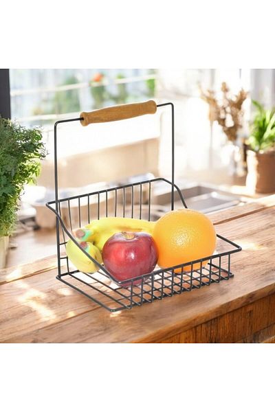 LUXE Wrought Iron Single Basket with Wooden Handle Kitchen Bathroom Living Room Office Organizer Basket Organizer Black, 20X20