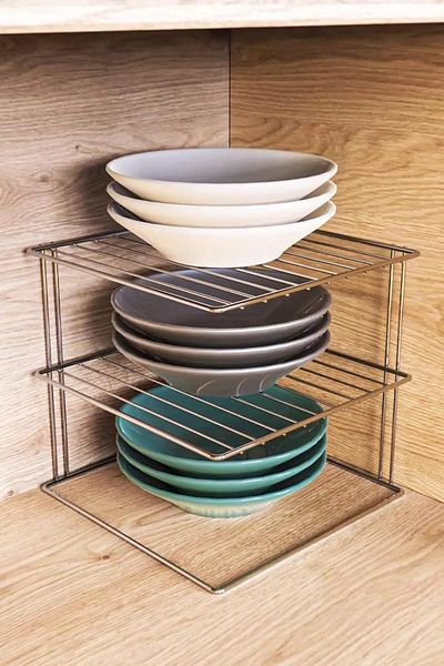 LUXE Metal Chrome Plate Rack Corner Shelf 2 Layers Inside Cabinet Plate Kitchen and Countertop Organizer Lxshp 105