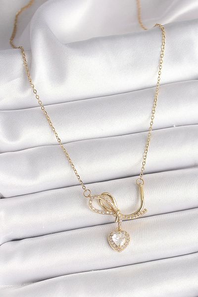 Store 316L Steel Gold Color Chain Zircon Stone Knot Dangle Heart Model Women's Necklace