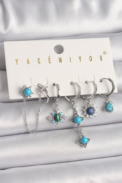 Clariss Brass Silver Color Zircon Stone Detailed Blue Beaded Flower Model Vip Series Women's Earring Combination