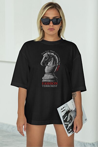 Overoz Шахова фігура коня на принті, напів-оверсайз футболка 1010