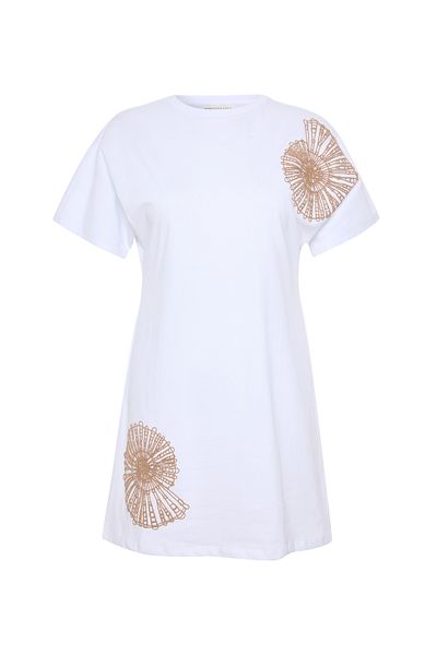 Mudo Short Sleeve Straight Cut Mini Dress with Embroidered