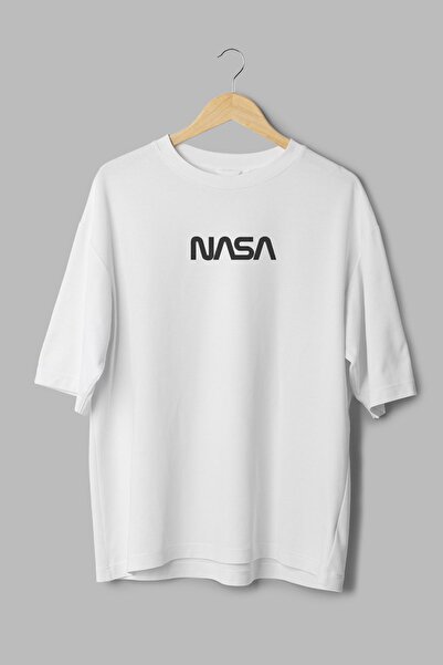 Overoz New York Nasa 87 Друкований 100% бавовна Oversize білий унісекс футболка - Велосипедний комір T1050