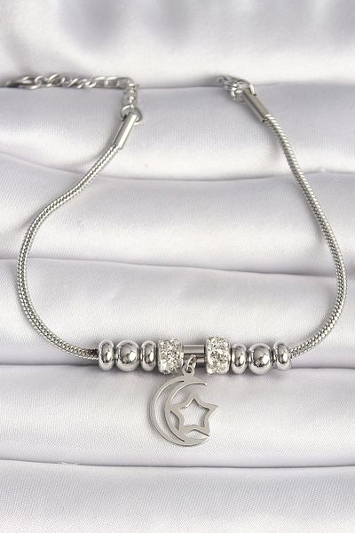 Clariss 316L Steel Silver Color Tube Chain Zircon Stone Detailed Dangle Moon Star Figure Women's Bracelet