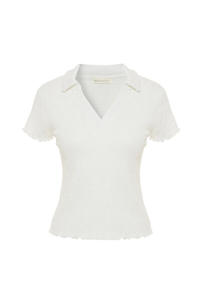 Mudo Polo Collar Textured Short Sleeve Bluz