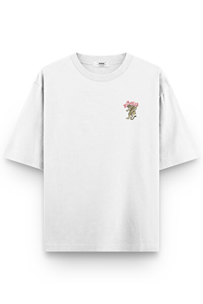 Overoz White Oversize Tshirt Tiger Back Printed Oversize Written Unisex T-Shirt 1373
