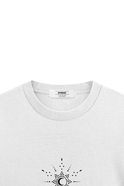 Overoz White Oversize Tshirt Minimal Illustration Back Printed Oversize Unisex T-Shirt 1353