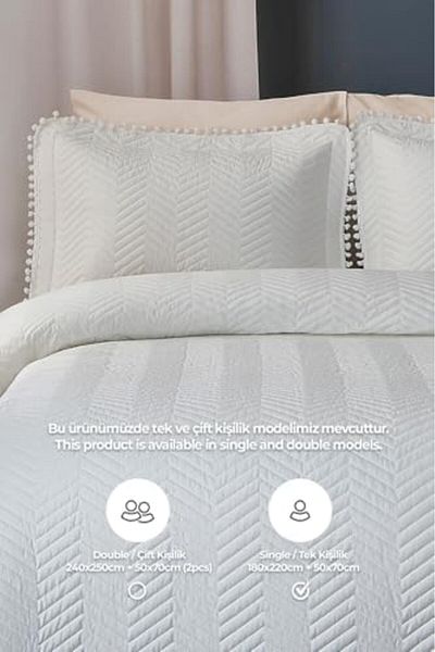 LUXE Single Bedspread with Pompom Cream Lxshp 1055529
